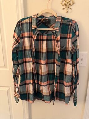J. Crew white, pink, and green plaid flannel shirt